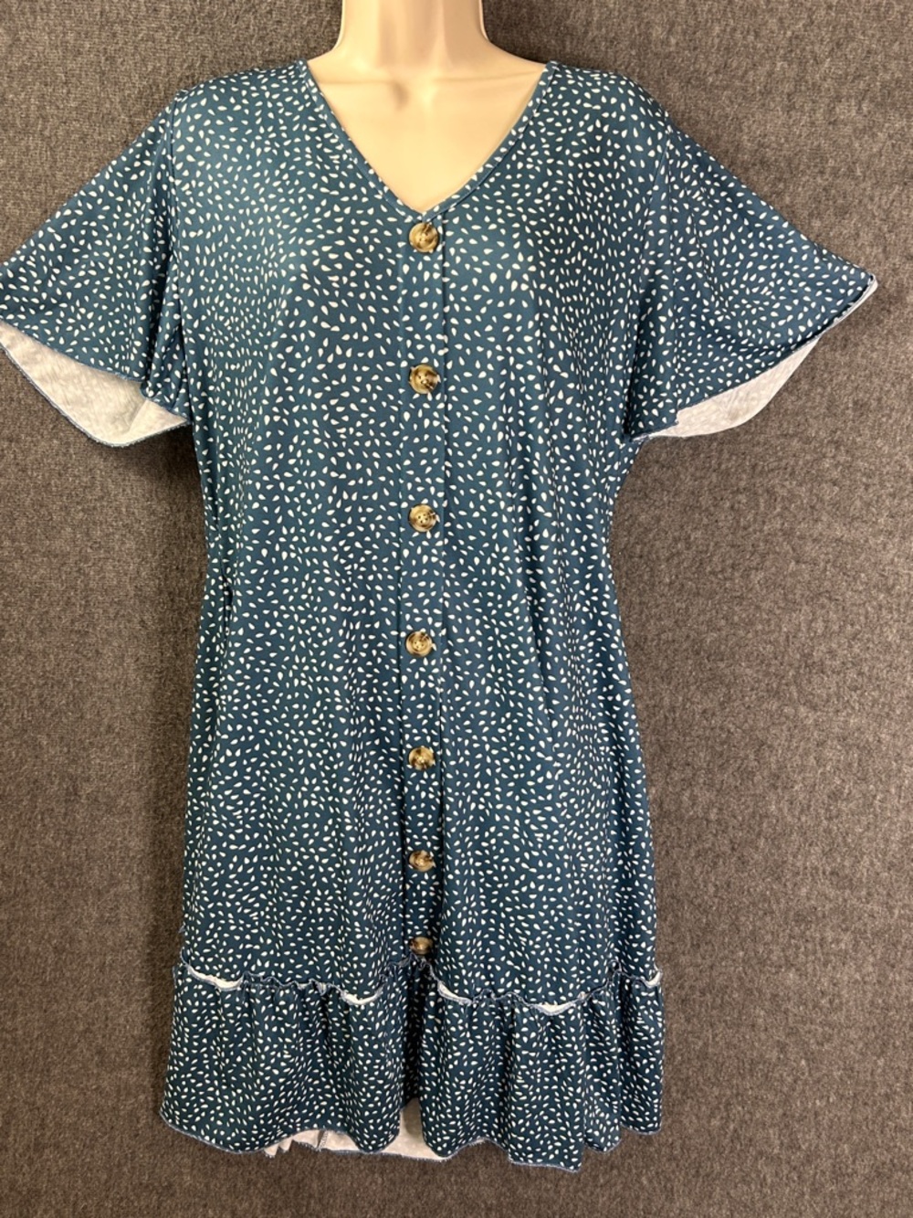 BloomChic Dress Womens 10 Blue Polka Dot V-Neck Button Front Ruffle Hem Pockets